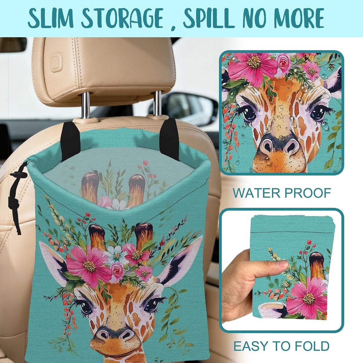 Car Trash Bag Watercolor Giraffe and Floral Hanging Drawstring Car Organizer and Storage Bag with Adjustable Buckle Canvas Garbage Bin for Back Seat or Hanging Headrest Car Decor