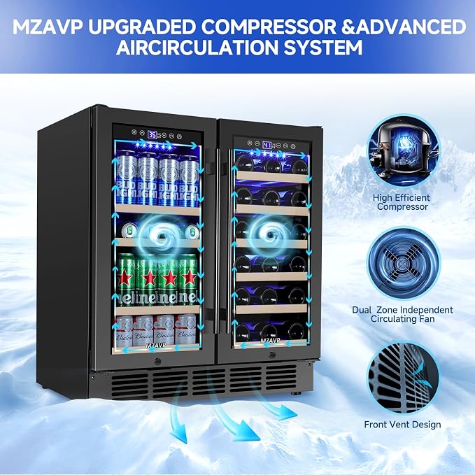 30 Inch Wine and Beverage Refrigerator, Dual Zone 30" Wine Fridge Under Counter/Freestanding, 30 Inch Wide Beverage Cooler with Glass Door, Holds 30 Bottles & 110 Cans for Home Bar Office, Black