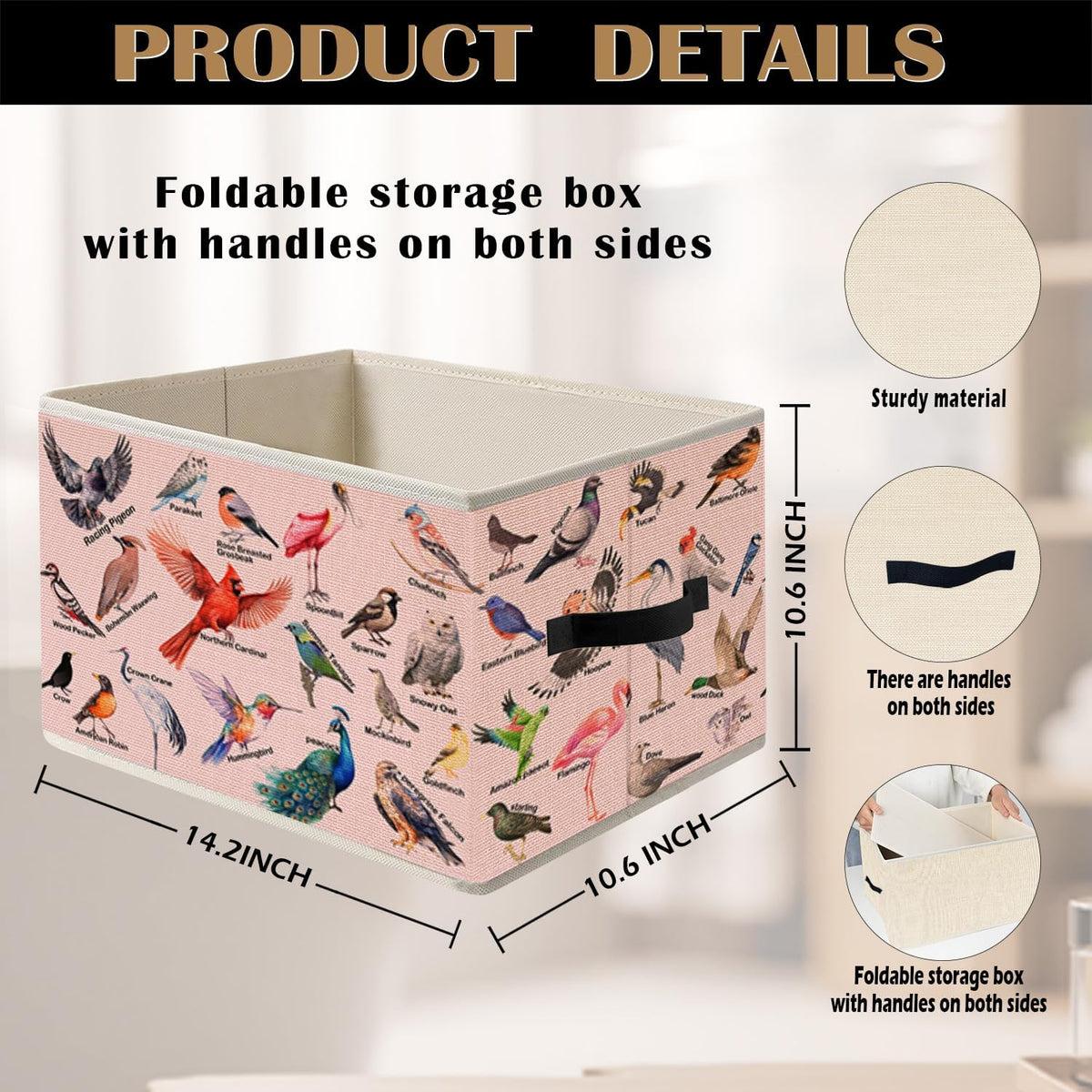 Pink Bird Storage Bin Box with Handles, Bird Lover Watcher Foldable Organizer Basket Toybox for Girls Bedroom Home Bathroom Clothes Toys Books