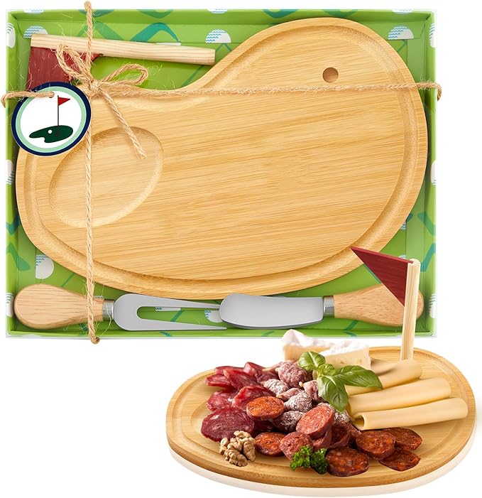 Golf Cheese Board Gift Set Party Favor Prizes Charcuterie Wood Board with Knives and Box Father Day Gift for Dad Grandpa Party Tournament Game (9.8" x 7.7", Bamboo Color)
