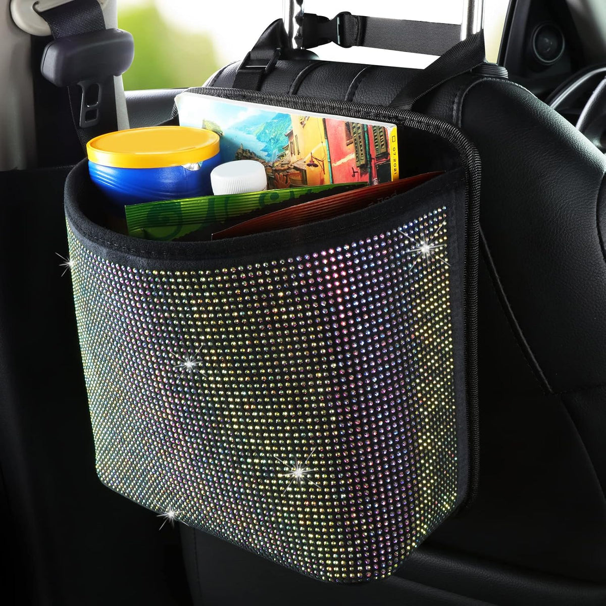 Cavalcade Car Back Seat Organizer, Bling Hanging Pocket, Large Seat Back Travel Caddy Bag, Diamond Trash Bin Garbage Container (Multicolor)