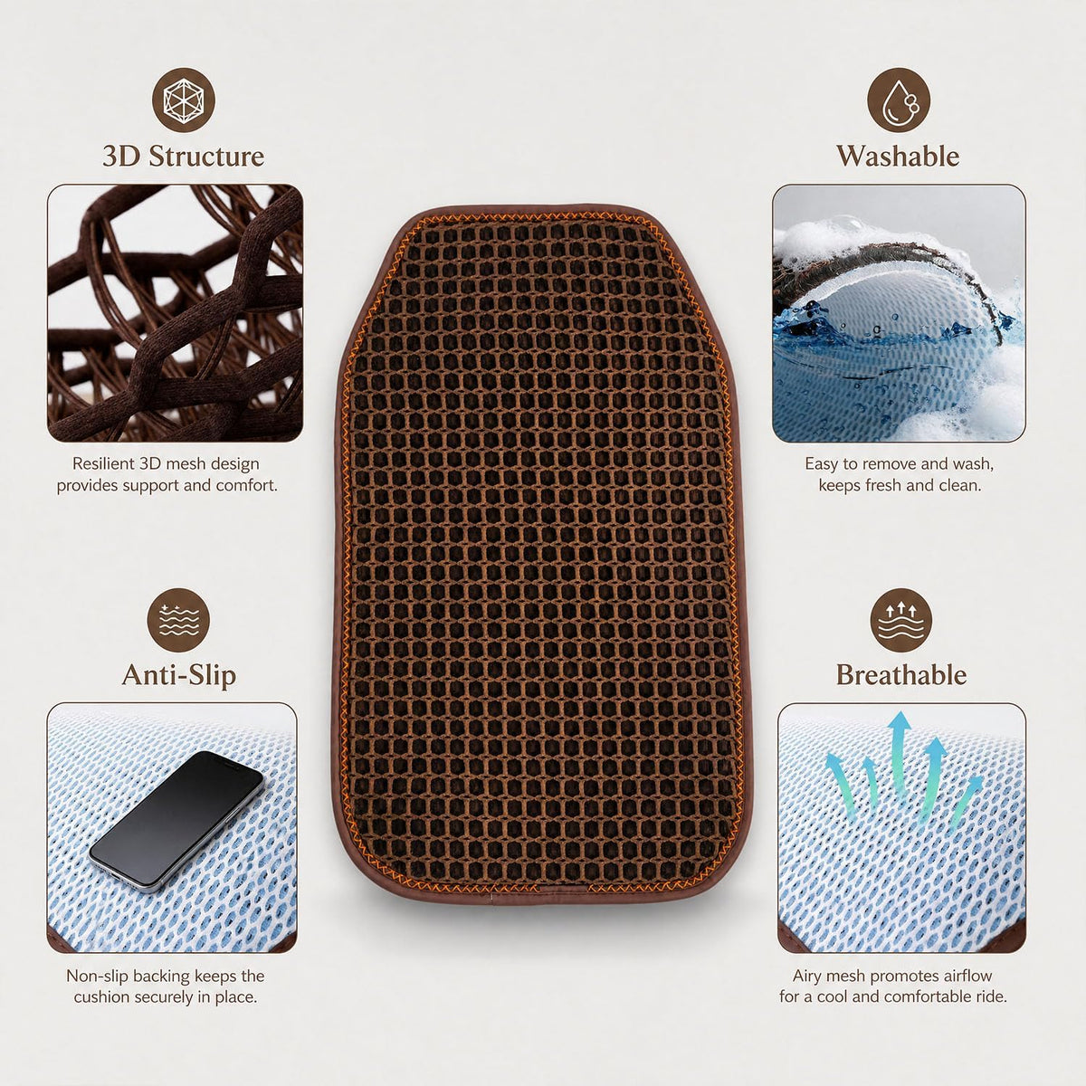 Cool and Breathable 3D air MESH car seat Cushion for Summer, Universal Ventilated Comfortable seat pad, Suitable for sedans, Vans, Pickup Trucks, and SUVs (Brown Back cushion-1PCS)
