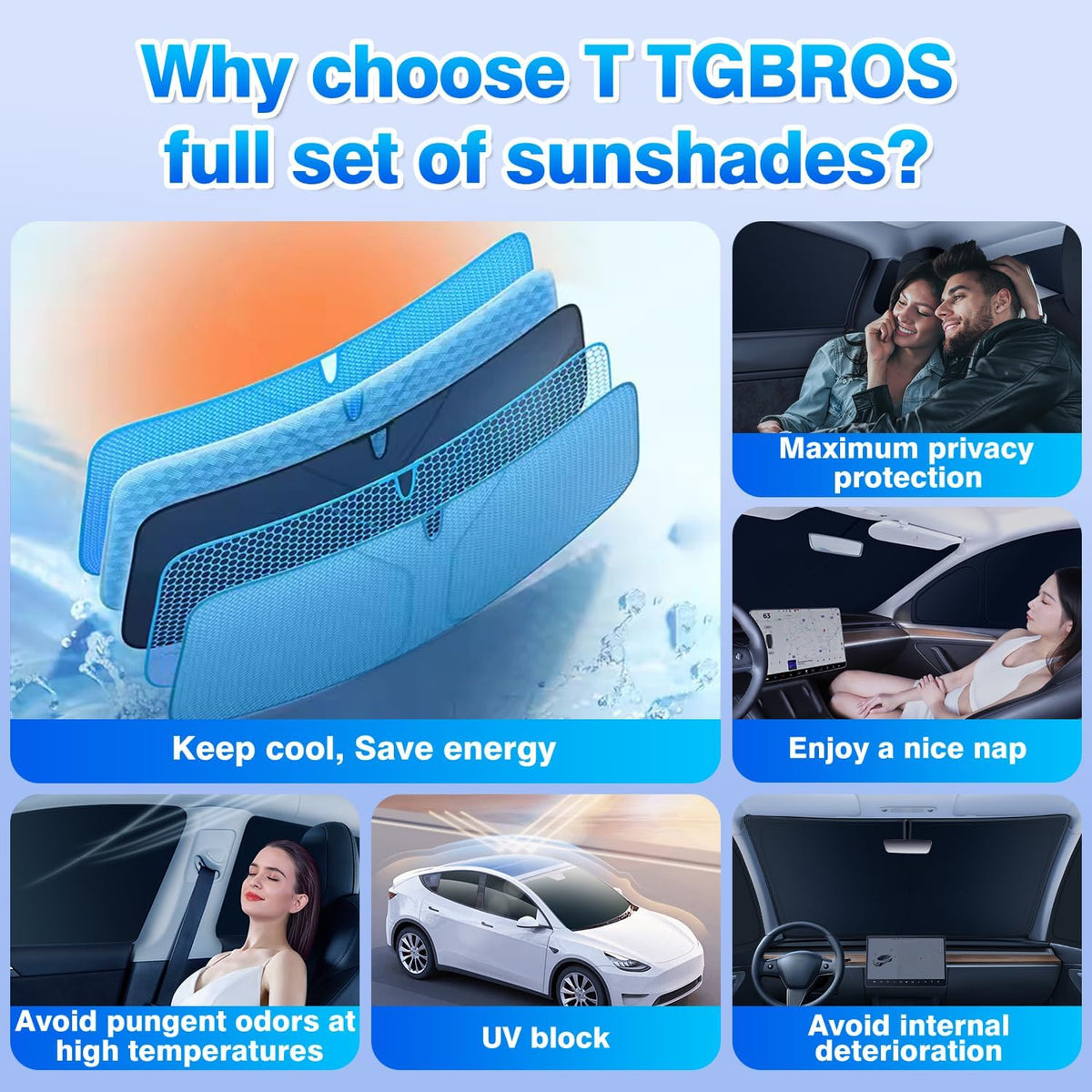 T TGBROS Windshield Sun Shade for Tesla Model Y 2020-2024(Not for Juniper) Car Window Shades Thicken UV Block and Blackout Privacy Foldable Sunshades 8PCS Keep Cool Sun Visor Covers