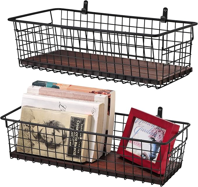 SheeChung 2 Set [Extra Large] Portable Metal Farmhouse Wall Decor Storage Organizer Basket Bin with Handles & Floating Shelves for Hanging in Bathroom, Kitchen, Office-Wall Mount Hooks, Black