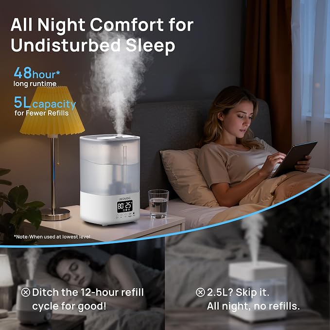 5L Top Fill Ultrasonic Humidifier,Cool Mist Humidifiers with Timer & Humidity Control for Bedroom, Baby, Large Rooms & Plants (White)
