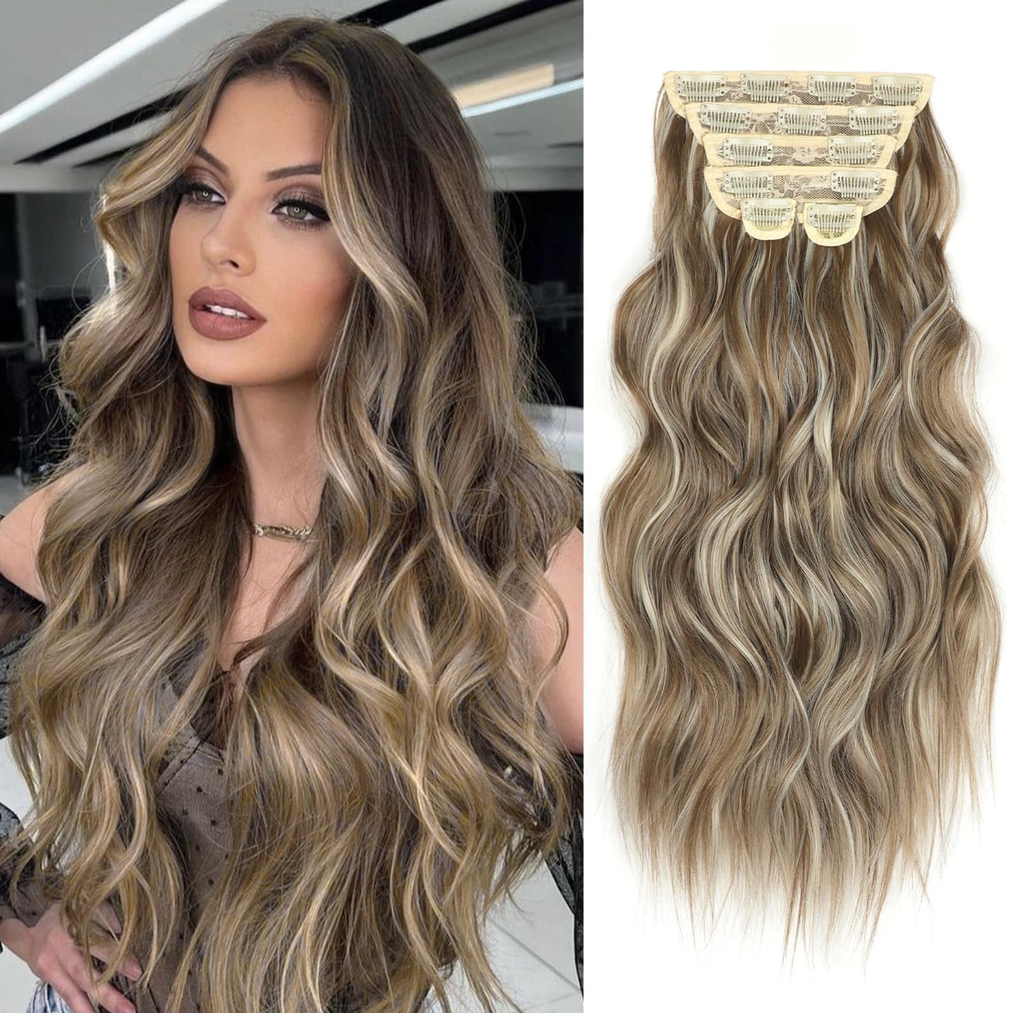 Vigorous Clip In Hair Extensions 6Pcs Hair Extensions Clip Ins 20Inch Natural Soft Synthetic Hairpieces For Women(Light Brown &