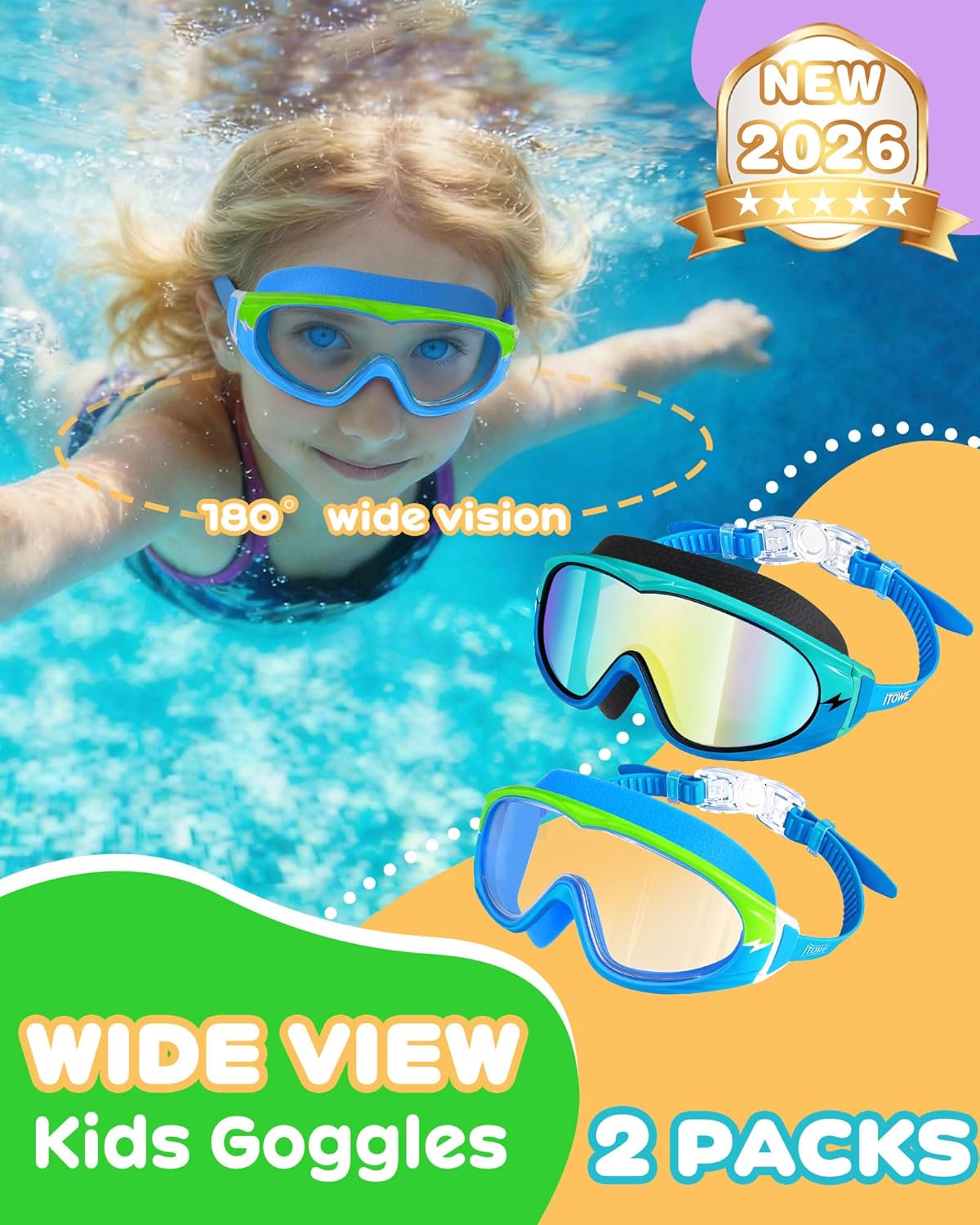 Skiennix Wide View Swimming Goggles - No Leak Design with Anti-Fog & UV Protection | Kids 3-15 Years