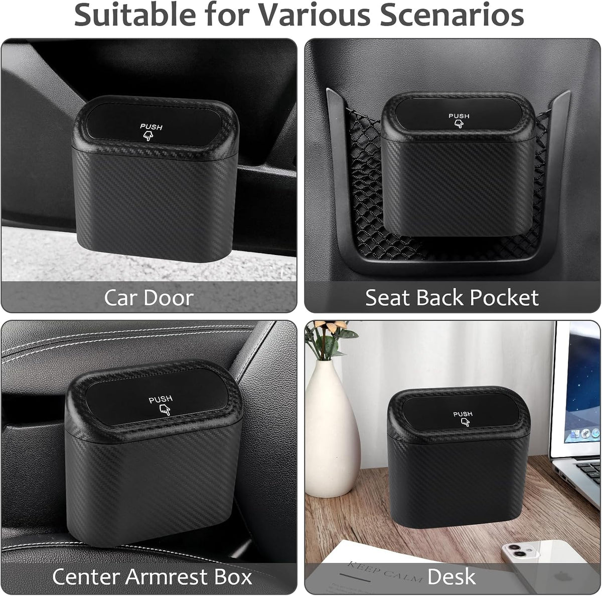 Accmor Car Trash Can with Lid, 2 Pack Mini Vehicle Trash Bin Car Dustbin Garbage Organizer Holder with Trash Bag, Small Hanging Leakproof Auto Storage Bag Container (Carbon Fiber)