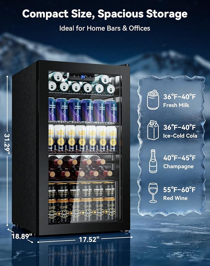 130 Can Beverage Refrigerator, Reversible Door, 3.2 Cu.Ft Drink Cooler | Glass Door, Adjustable Thermostat 34–64°F, Freestanding Beverage Fridge for Soda, Beer & Home Bar