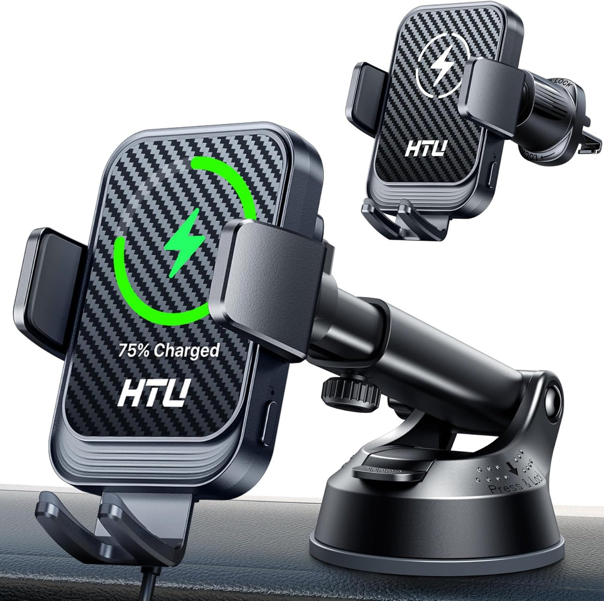 HTU Wireless Car Charger 15W Auto Clamping Phone Holder Dash Windshield Vent, Car Charger Compatible with iPhone 17 16 15 14/13/13 Pro/12 pro/12/11/X/8, Samsung S24/S23/S22,Black