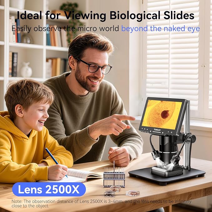 TOMLOV TriL107 3-Lens Digital Microscope: 7" 2500X 2K HD Coin Microscope