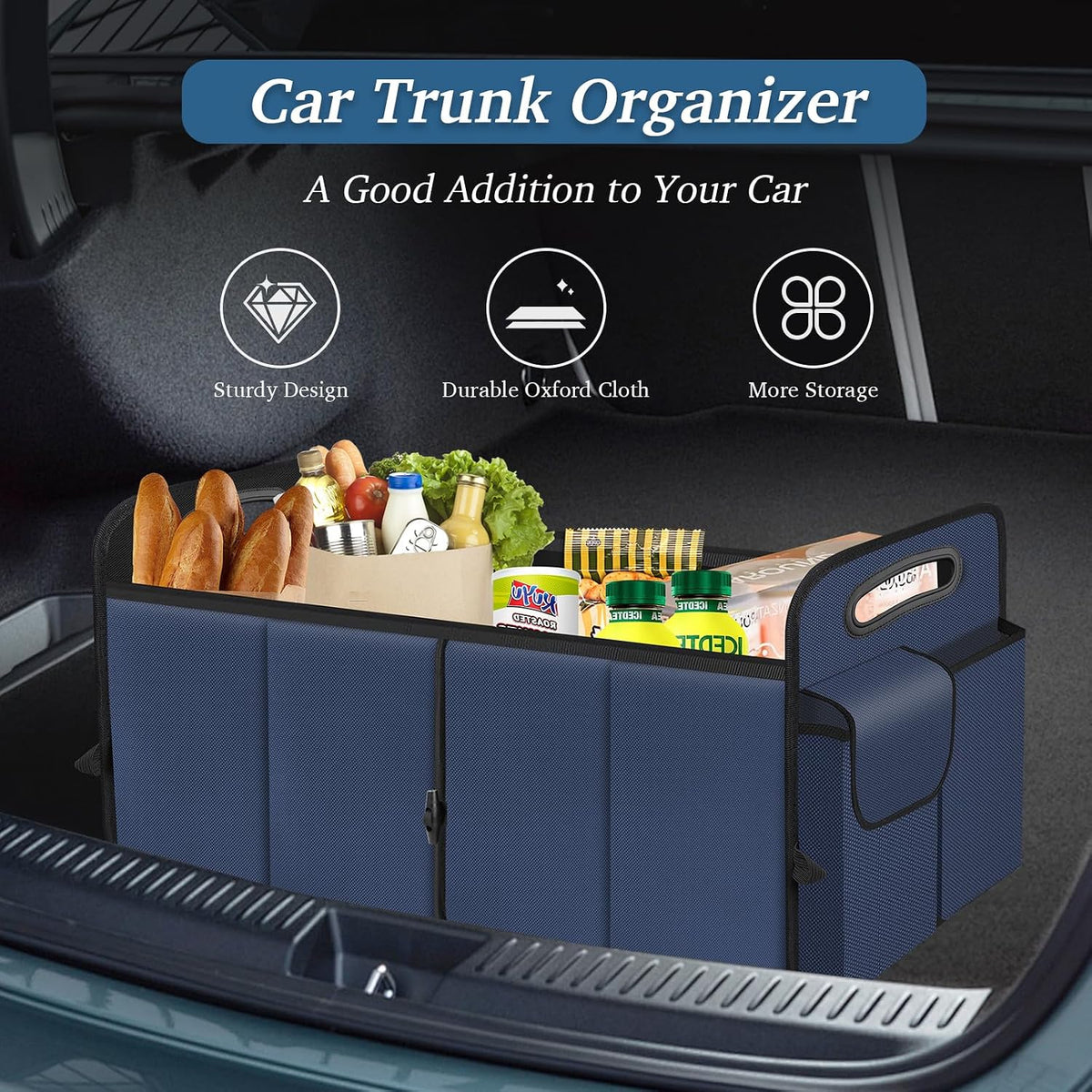 Trunk Organizer, Collapsible Waterproof Multi-Compartment Trunk Organizer for SUVs & Sedans, Car Storage with Reinforced Handles, Car Accessories for Women and Men, 52L