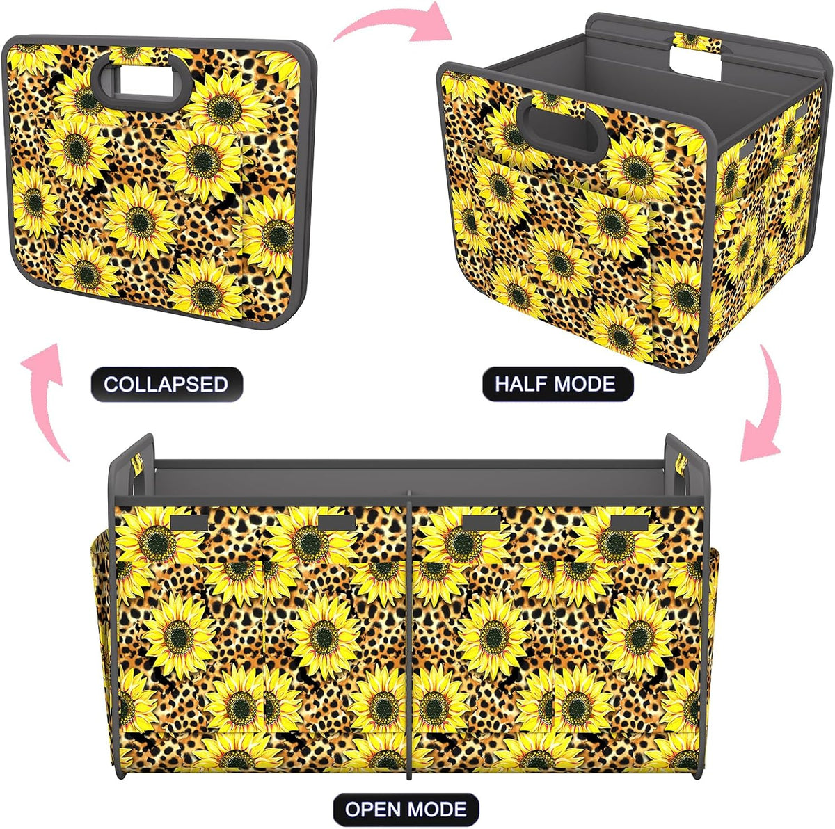 Homeve Car Trunk Organizer for SUV, 18.5Gal Large Capacity No-Sag Heavy Duty, Foldable Waterproof Anti-Slip Storage with 12 Pockets, Fit Sedan, Truck, Universal Car Accessories,Sunflower Leopard Print
