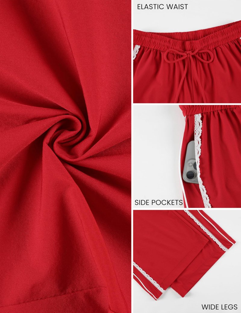Yeokou Women's Wide Leg Sweatpants Side Stripe Crochet Slip on Drawstring Casual Running Track Palazzo Pants with Pockets (Red-S)