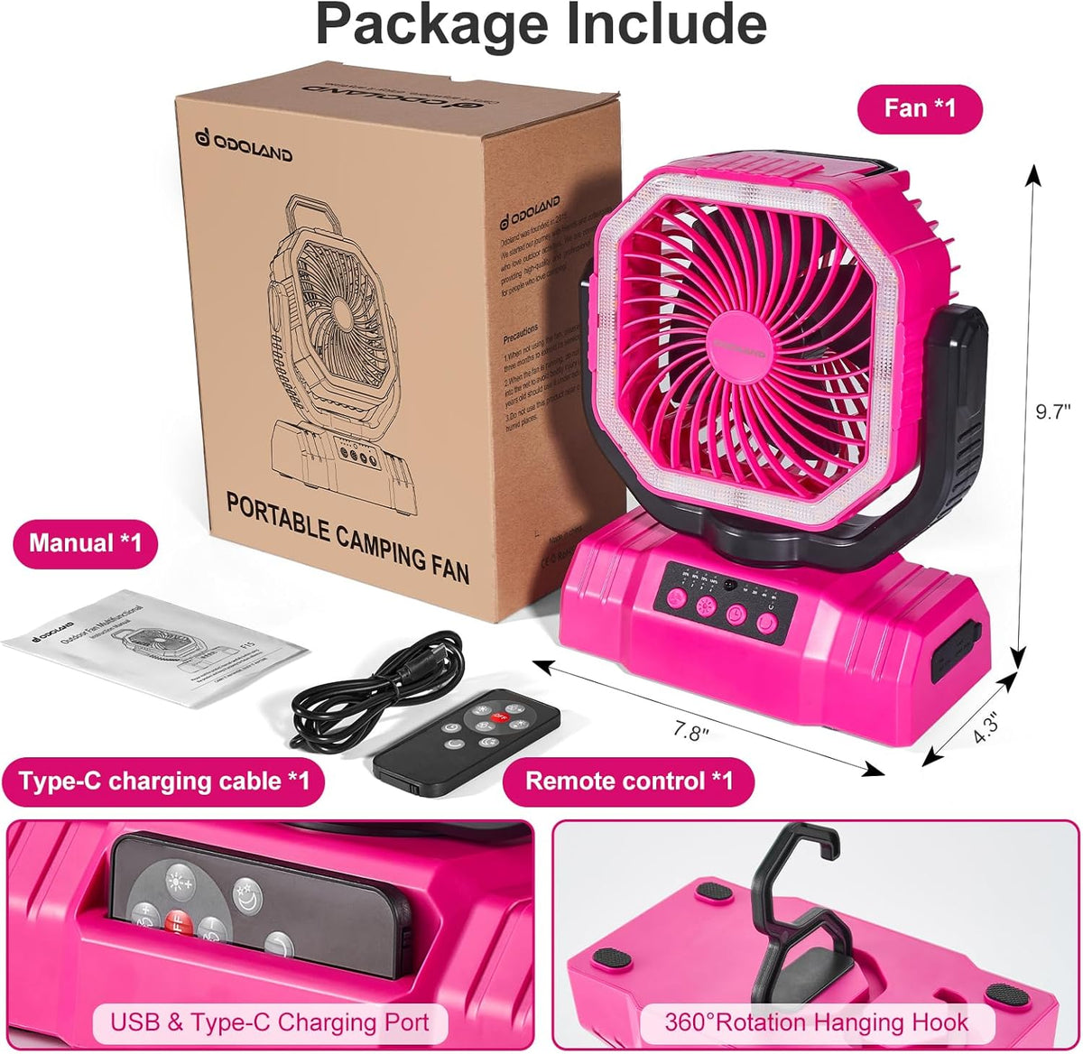 Odoland Portable Camping Fan - 20000mAh Rechargeable Battery, LED Lantern, 360° Rotation, Pink