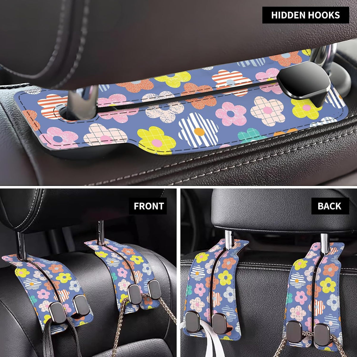 Car Seat Back Storage Headrest Hook, Premium Leather Double Metal Hook, Hanger Storage Organizer for Purse Cloth Bag, Car Interior Accessories Colorful Cute Daisy