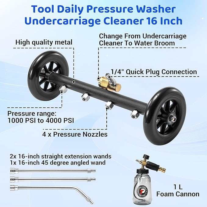 Tool Daily Undercarriage Pressure Washer Attachment 16 Inch, Dual-Function Undercarriage Cleaner with 1-Liter Foam Cannon, Under Car Wash Water Broom with 3 Pieces Extension Wand, 3600 PSI