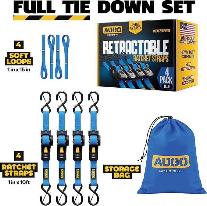 AUGO Retractable Ratchet Straps | 4 Heavy Duty Ratchet Straps Self Retractable Tie Downs with Soft Loops & Storage Bag for Motorcycle, Truck, Trailer, Cargo Van | 1200 Lb Break Strength 1” x 10’