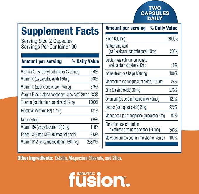 Bariatric Fusion Bariatric Multivitamin Without Iron | Post Bariatric Surgery Patients | Iron Free Bariatric Vitamin for Gastric Bypass and Sleeve Gastrectomy | Capsules | 1 Year Supply
