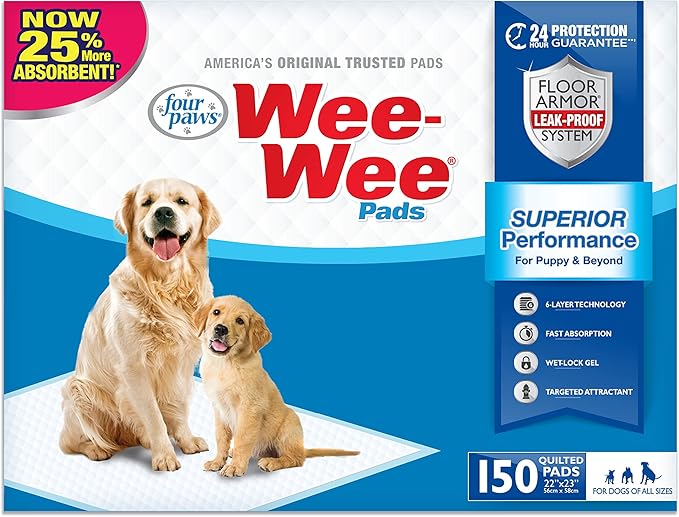 Four Paws Wee-Wee Superior Performance Unscented Pee Pads for Dogs & Puppies, Quilted Leak-Proof Dog Housebreaking Potty Training Floor Protection, 22" x 23", 30 Count