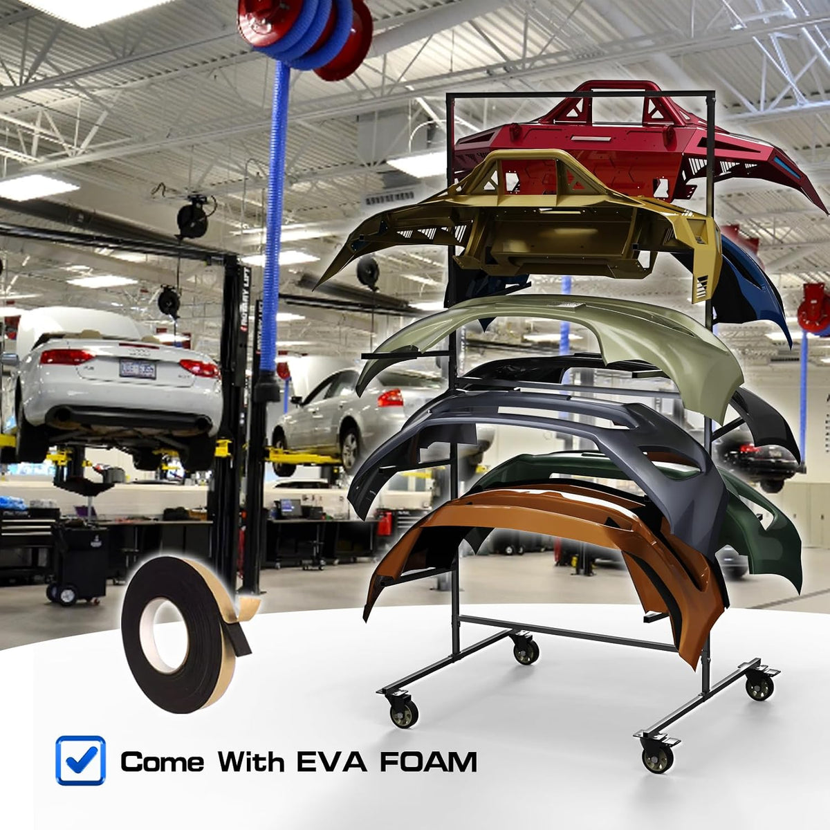 Double Sided Bumper Storage Rack With Adjustable Design Maximize Space Utilization 4 Inch Swivel Caster Allow Floor Mobile Smooth Maneuverability