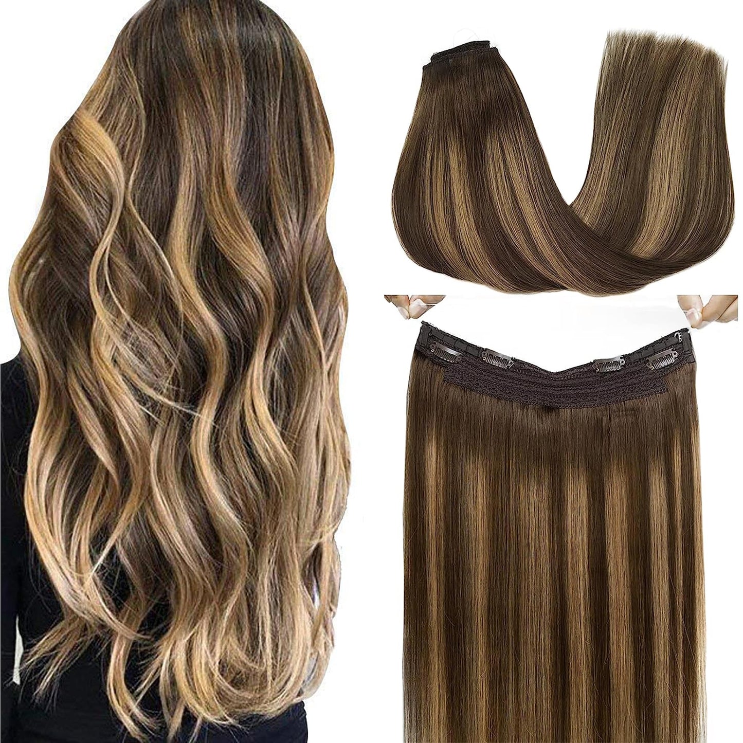 Goo Goo Wire Hair Extensions Human Hair, 4/27/4 Chocolate Brown With Caramel Blonde Balayage 16Inch 95G, Invisible Wire Hair Ext