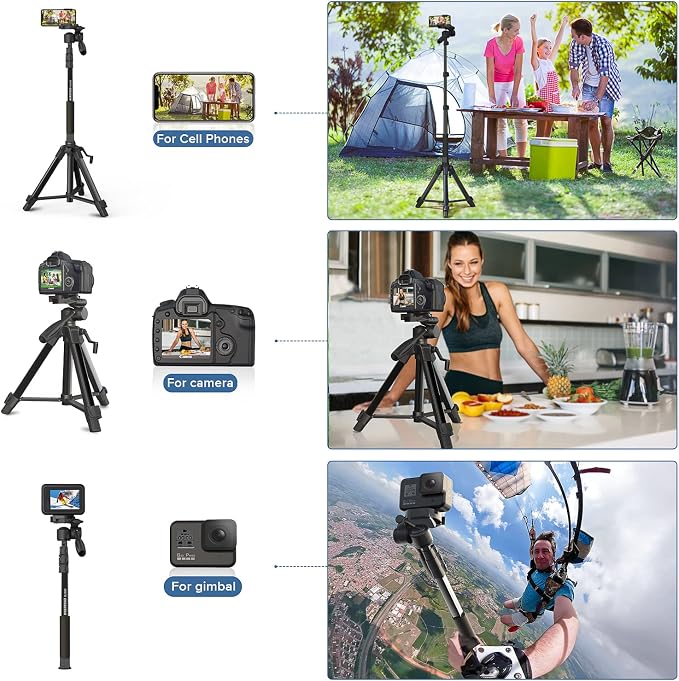 Camera Tripod 69 Inch, Patented 3-Way Swivel Portable Phone Tripod Professional