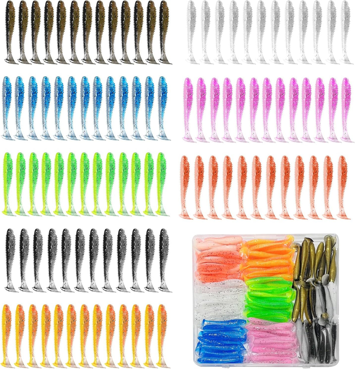 Skiennix Soft Fishing Lures - 96 Pcs 3" Paddle Tail Swimbaits with Unique Vibrating Action | 8 Colors for Trout, Crappie, Walleye & Sea Bass