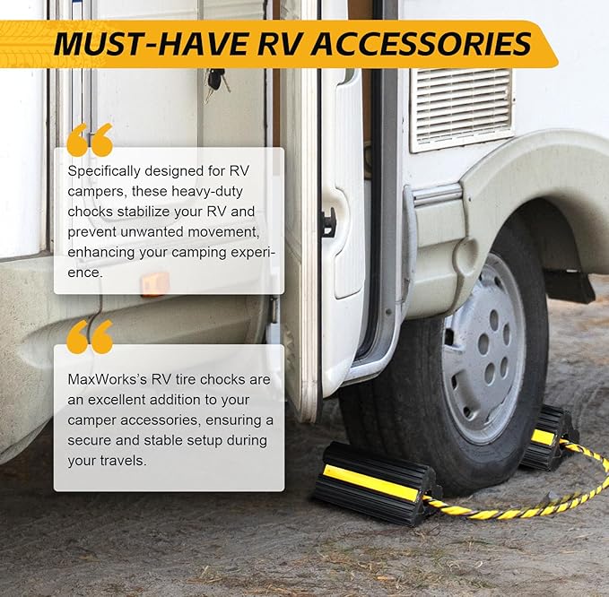 MaxxHaul 51013 Solid Rubber Wheel Chock for Travel Trailers Camper RV Truck Car Sturdiness Heavy Duty Simple Easy to use Tires Chock Block Stopper with Nylon Rope Yellow Reflective Tape 2 Pack