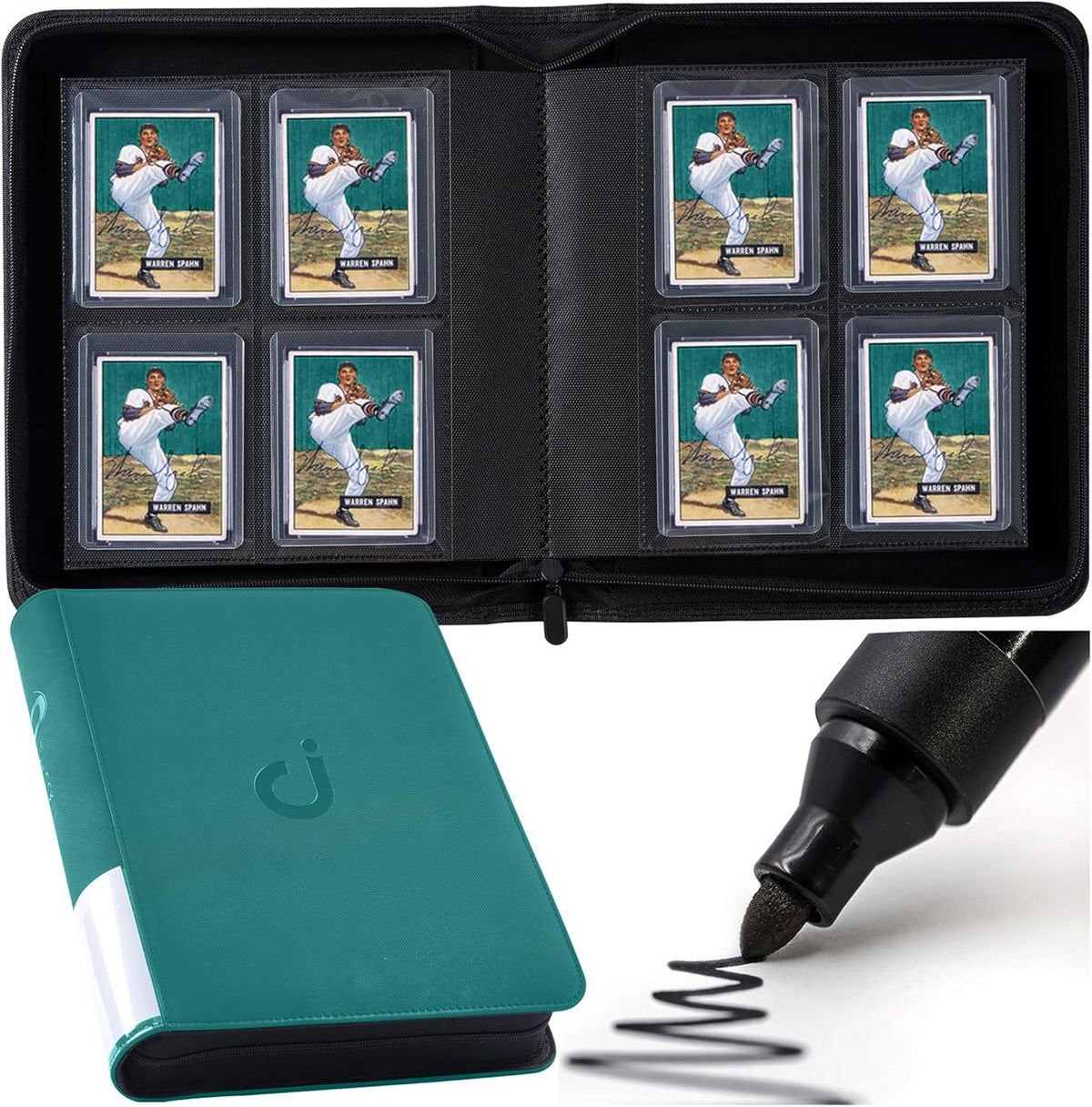 Top Loader Binder - Holds 128 Trading Cards | 4 Pocket Design for 3" x 4" Rigid Holders - Blackish Green
