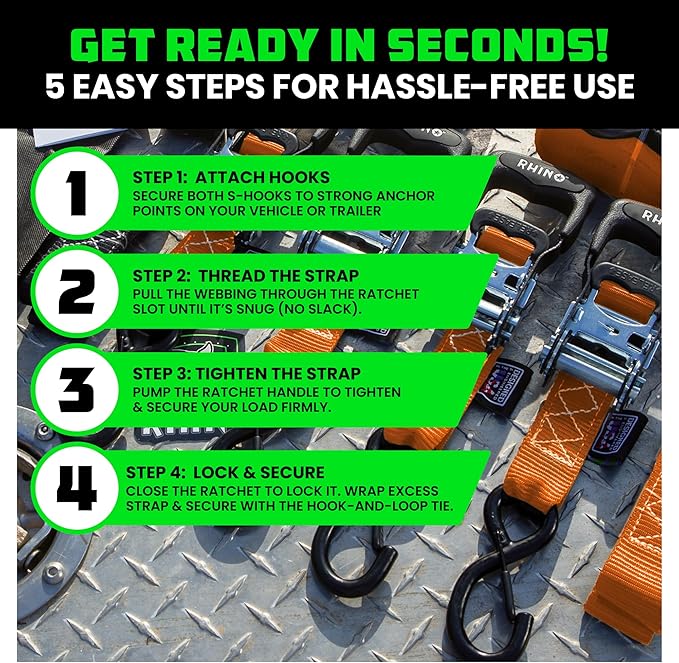 Rhino USA Ratchet Straps Heavy Duty Kit (4-Pack) - 1.6 Inch x 8 Feet Min Break Strength (5,000) - Ultimate Tie Down Straps with Safety S Hooks for Trucks, ATV, UTV, Motorcycle, Cargo & More - Orange