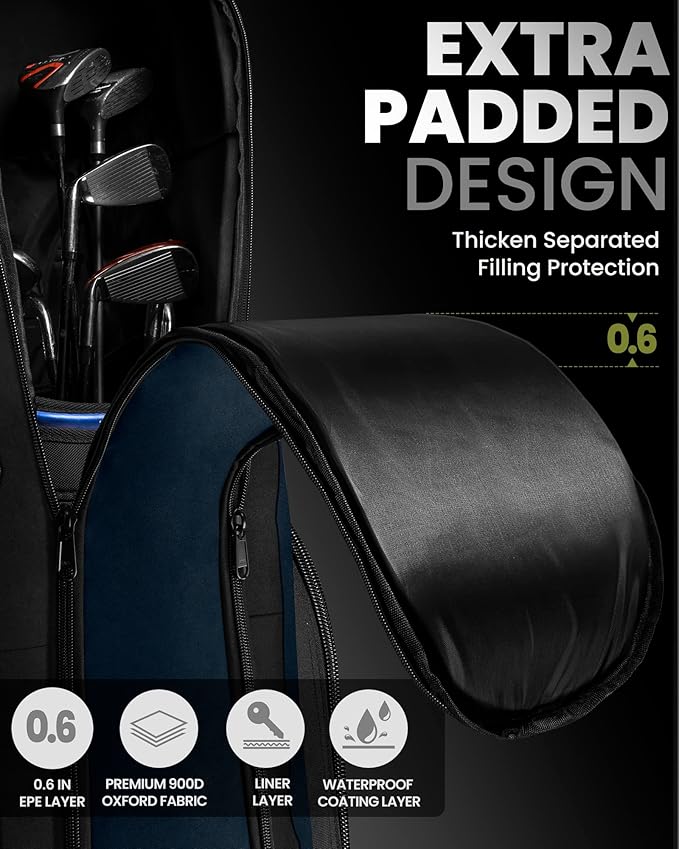 OutdoorMaster Padded Golf Travel Bag with Reinforced Wheels, 900D Heavy Duty Oxford Wear-Resistant and Waterproof Golf Travel Case, Soft-Sided Golf Club Bag, Shoes and Accessories Compartment