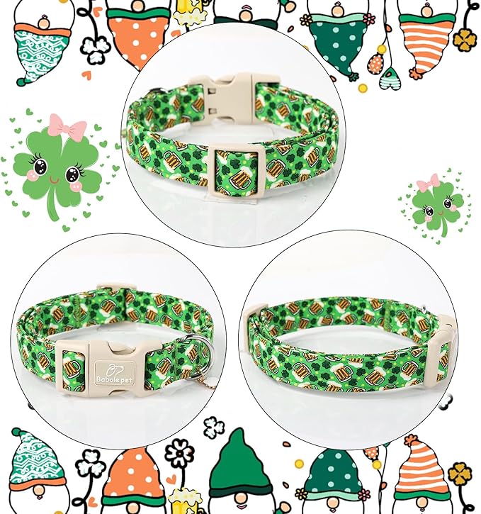 St Patricks Day Dog Collar for Large Dogs - Green Beer Shamrock Dog Collars for Boys&Girls Dogs, Adjustable Irish Clover Puppy Collar with Quick Release Buckle L