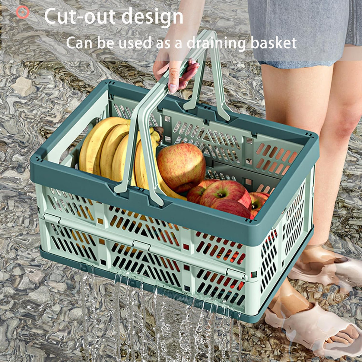 Collapsible Plastic Storage Crate - 20L Folding Organizer Basket Portable Stacking Storage Crate Bin with Handle, for Camping, Picnic, Car Trunk, Home Storage (Blue, M)
