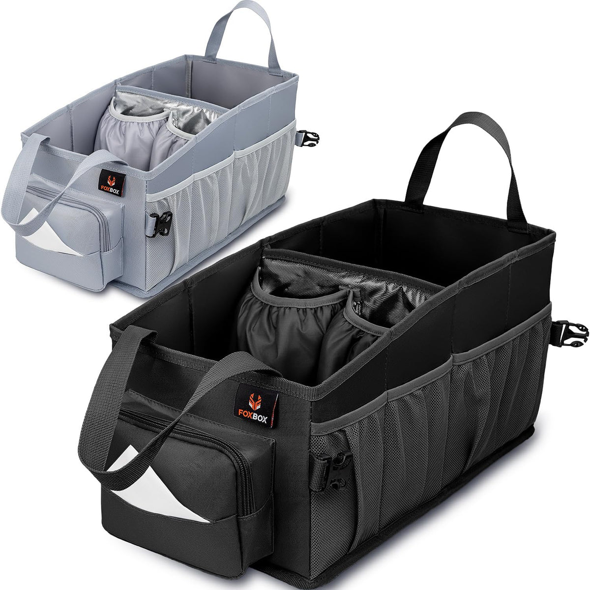 Easy-to-Reach Kids Car Organizer with Tissue Box and Cup Holder for Back Seat, Front Seat, Between Seats, Floor - Tote Car Storage Organization for Toddlers - Kids Road Trip Travel Essentials (Black)