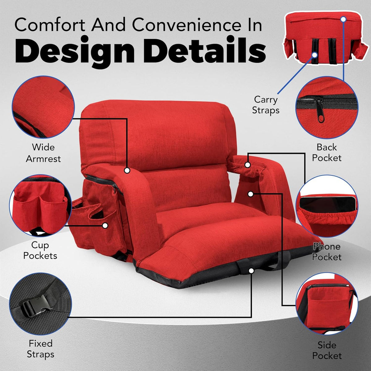 Skiennix Wide Stadium Seats - Extra Thick Bleacher Chairs with Back Support & Cushion | 2-Pack, 6 Reclining Positions, Red (22.5")