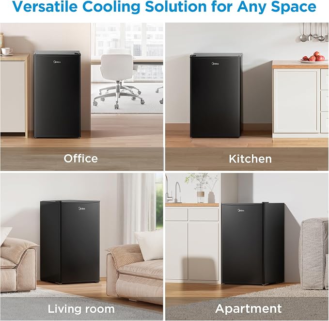 Midea 3.3 Cu.ft Compact Fridge, Energy Star Certified, Low Noise for Office | Adjustable Thermostat, Reversible Door,Ideal for Dorm, Office, Black