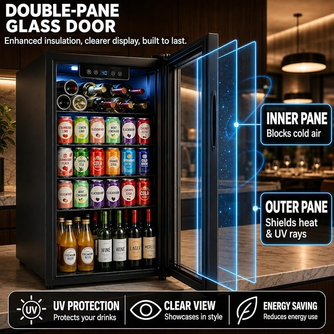Beverage Refrigerator, 3.2 Cu.Ft Mini Fridge with Glass Door & Air Cooling, and Electronic Temperature Control for Beer, Wine, Soda, Compact Drink Fridge for Home, Office, Bar (3.2 Cu.Ft)