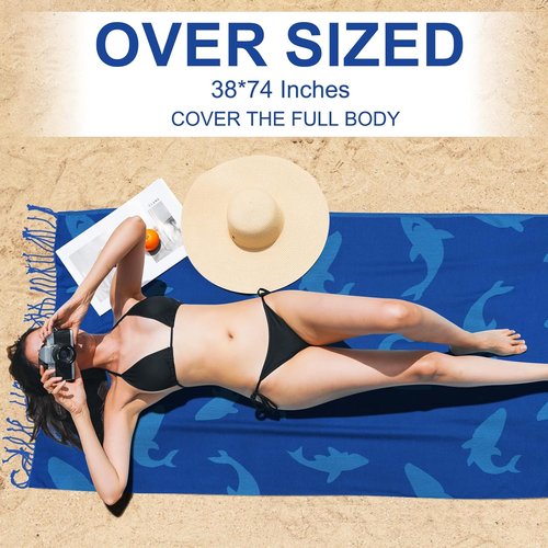 Genovega Oversized Cotton Beach Towel - Lightweight, Quick-Dry, Sandless | 72"x36" Blue Whale Design