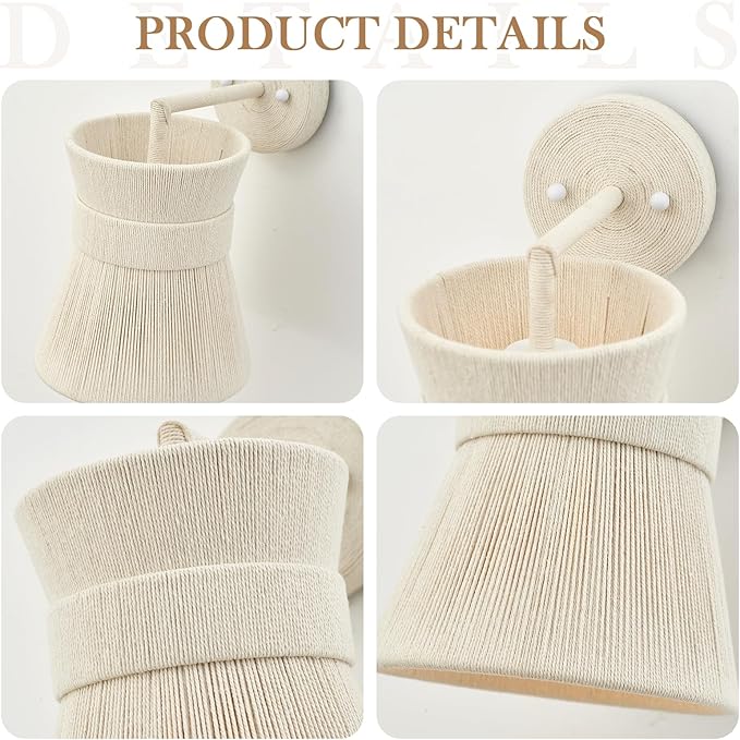 Set of Two Hand Woven Wall Sconces Boho Wall Lamp White Coastal Wall Lights for Bedside Hallway Vanity Stairway Fireplace Living Room, UL Listed