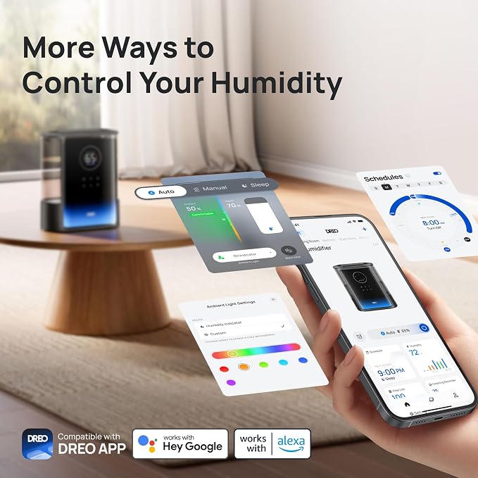DREO 8L Smart Humidifiers for Bedroom 600ft², 80H Runtime Warm&Cool Supersized Mist Humidifier for Large Room Indoor, Quiet Whole House humidifier for Baby, Plants, with Alexa/Google, Black, HM717S