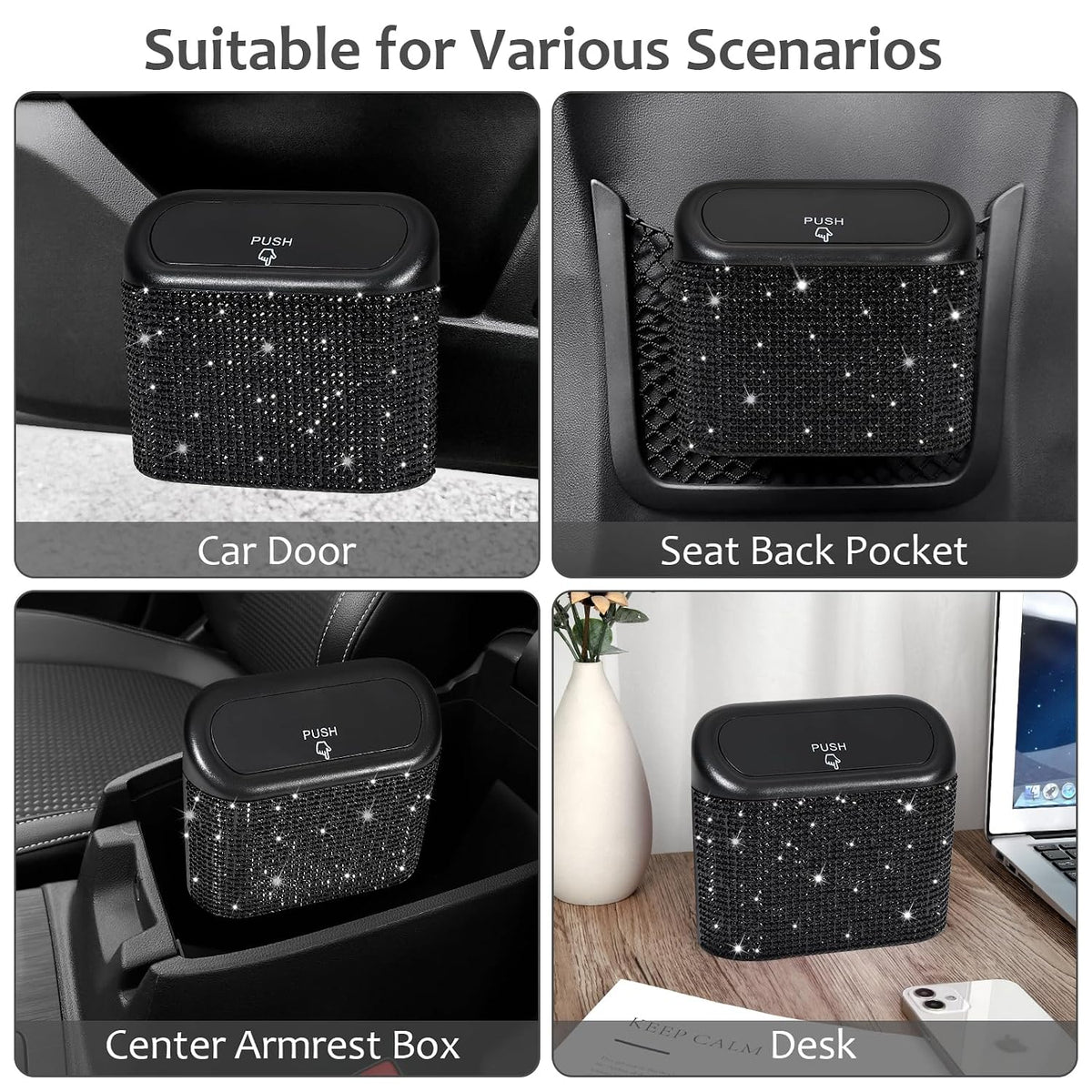 Accmor Bling Car Trash Can with Lid, Mini Auto Garbage Storage Bin with 60pcs Garbage Bags, Sparkling Crystal Trash Bags Holder Dustbin Vehicle Accessories Container Organizer (Black Rhinestone)