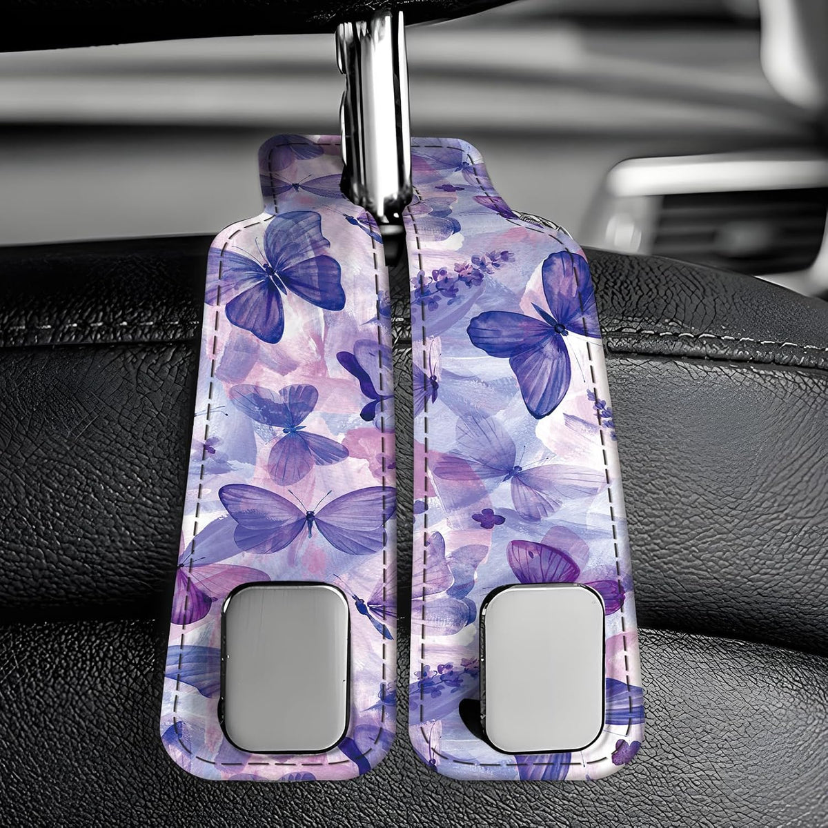 Car Seat Back Storage Headrest Hook, Premium Leather Double Metal Hook, Hanger Storage Organizer for Purse Cloth Bag, Car Interior Accessories Blue Cute Butterfly