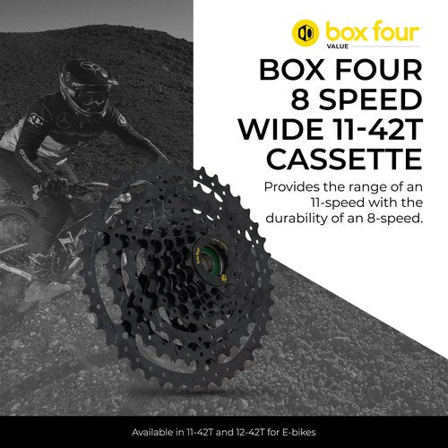 Box Four 8 Speed Bike Cassette 11-42T Black Fits Standard HG Hubs 9/10/11 Speed Cassette for Mountain Bike, Lightweight Bicycle MTB Cassettes, Compatible Bike Cassettes