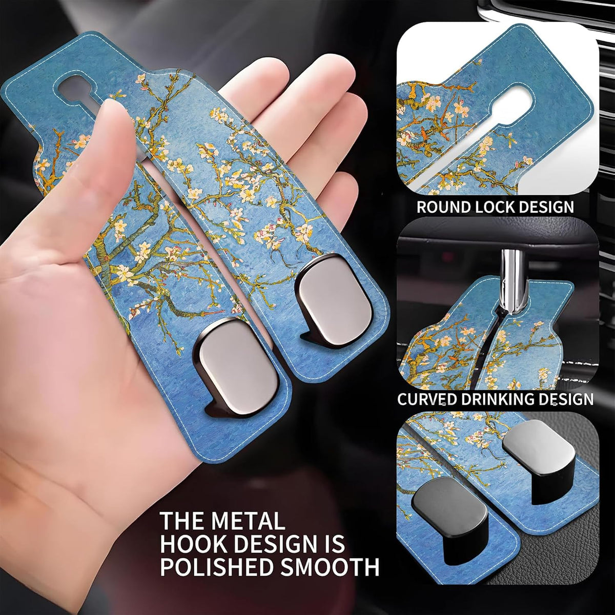 1 Pack Car Seat Headrest Hooks for Purses Abstract Blossoming Almond Tree Bag Purse Holder for Car with Double Metal Hooks Car Purse Hanger Hanging Accessories