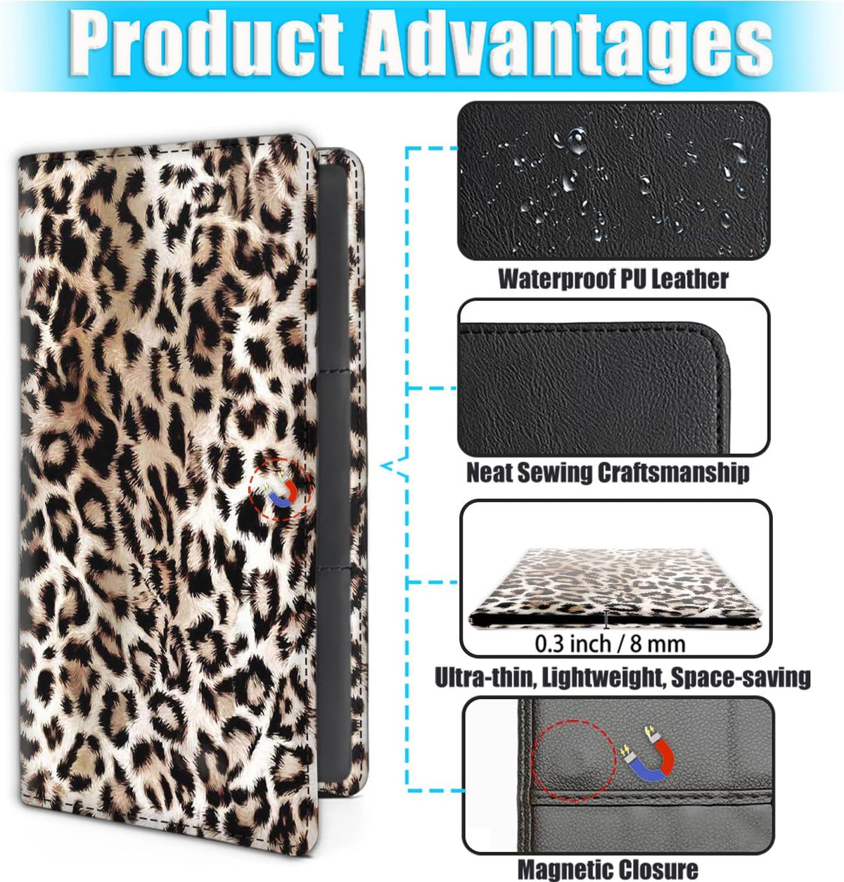 Car Document Holder with Magnetic Shut, PU Leather Car Registration & Insurance Card Holder for Driver License, Cards & Essential Documents, Vehicle Glove Box Organizer, Leopard Cheetah Print