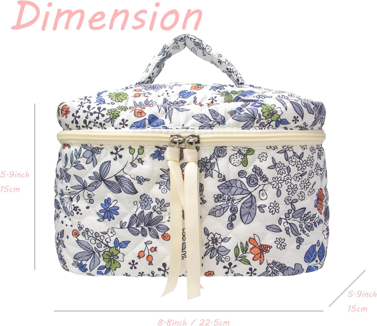 Quilted Makeup Bag for Women, Travel Cosmetic&Toiletry Bag,Leaf White