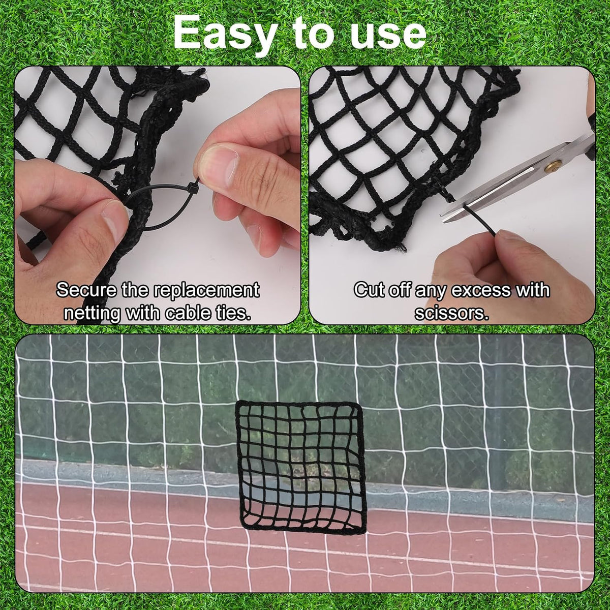 Penitue Universal Sports Net Repair Kit - 6 Pack with 100 Nylon Zip Ties & 20x20cm Hole Patches (Black)