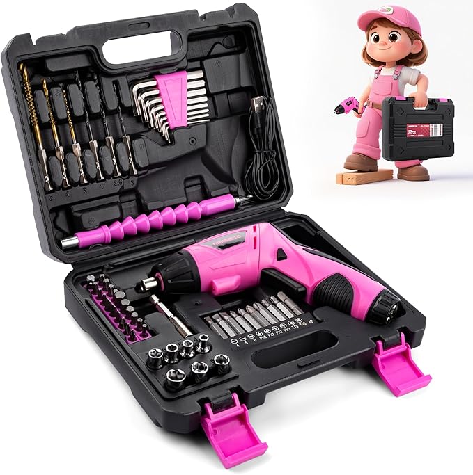 55-Piece Kids Real Tool Set, Electric Cordless Drill Tool Kit for Children with Interchangeable Bits, Flexible Shaft, Charger, All in Carrying Case, Power Drill Tools Set for Kid, Age 14+