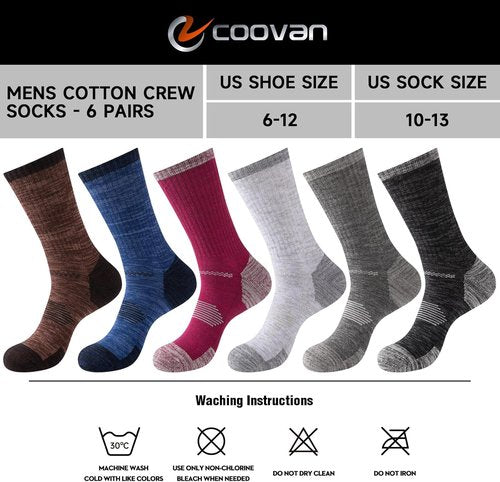 COOVAN Men's Cotton Crew Work Socks - 6 Pairs Moisture-Wicking Cushioned Athletic Socks for Hiking & Running